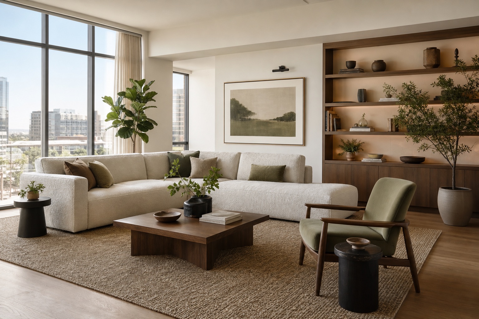 AI interior design living room makeover with neutral sofa, walnut furniture, built-in shelving, and city windows