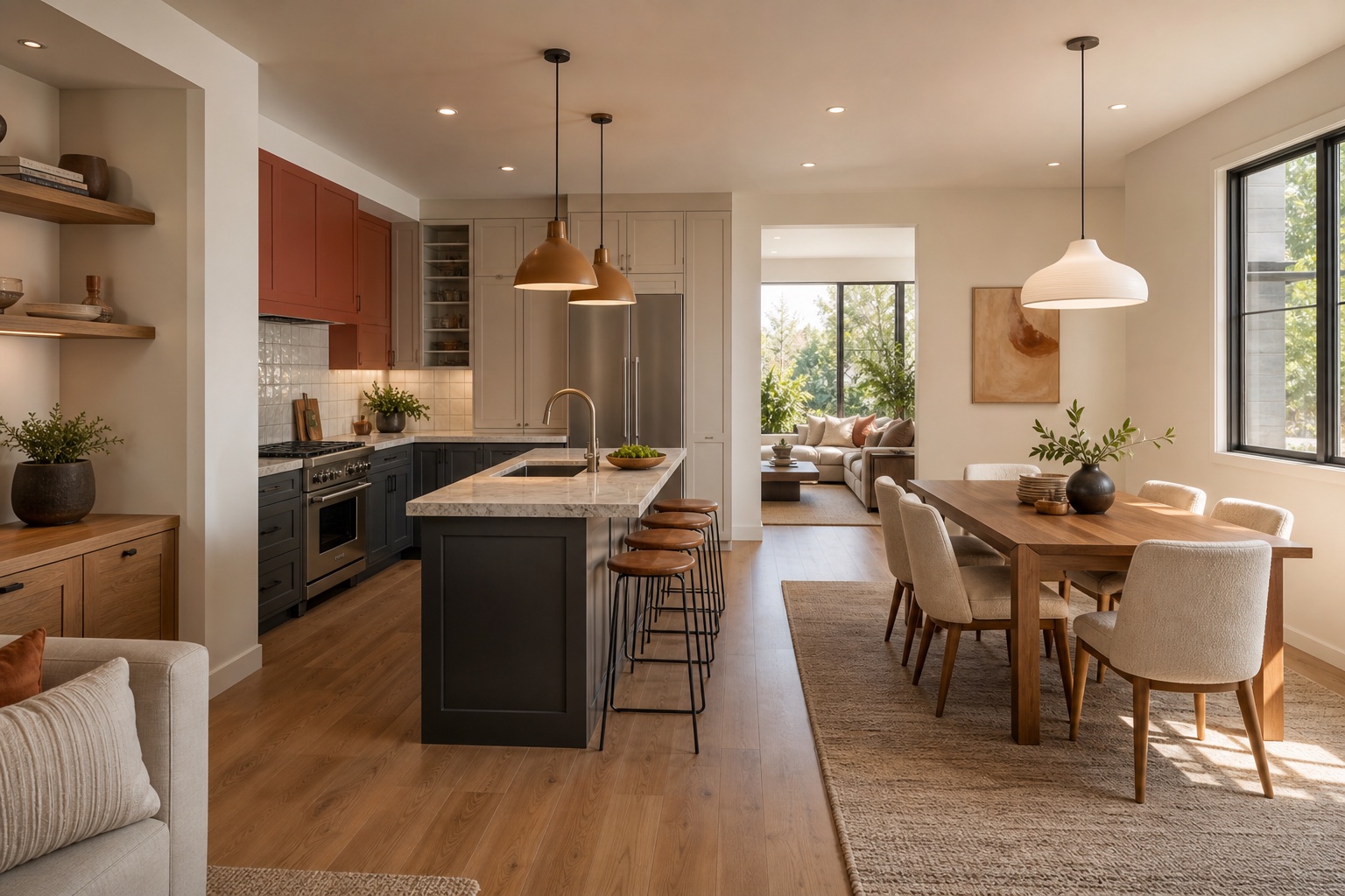 AI interior design open kitchen and dining room concept with island, pendant lights, terracotta cabinets, and light oak flooring