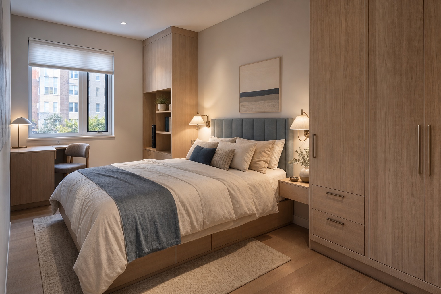 AI interior design small bedroom concept with built-in wardrobe, desk nook, upholstered bed, and warm lighting