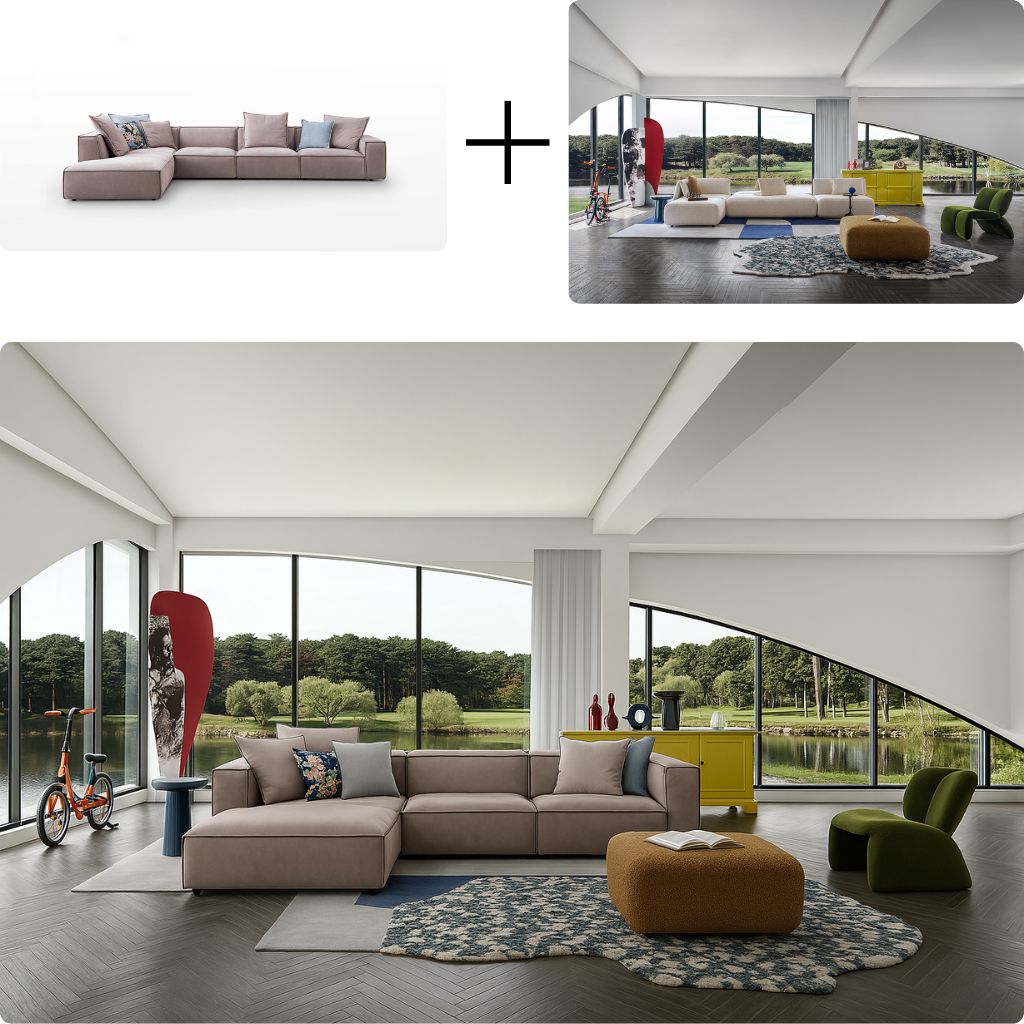 AI virtual furniture placement--new sofa visualised in existing living room