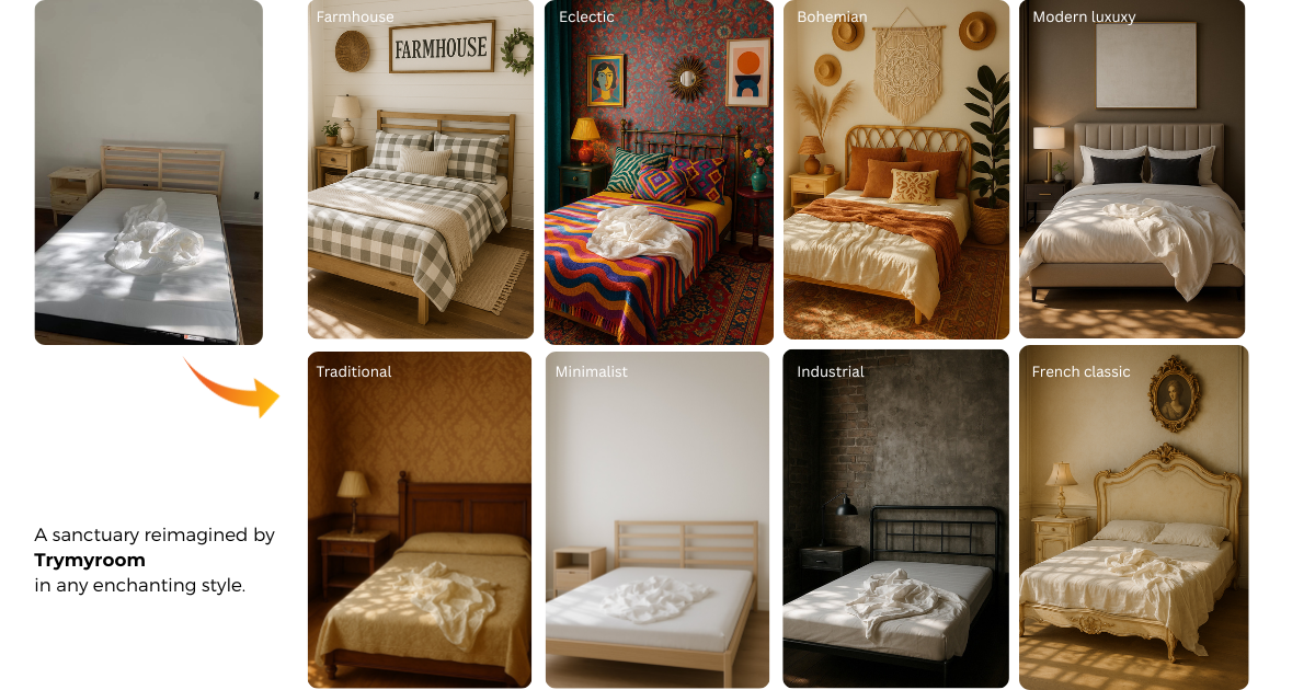 Bedroom transformed by AI from empty to many styles