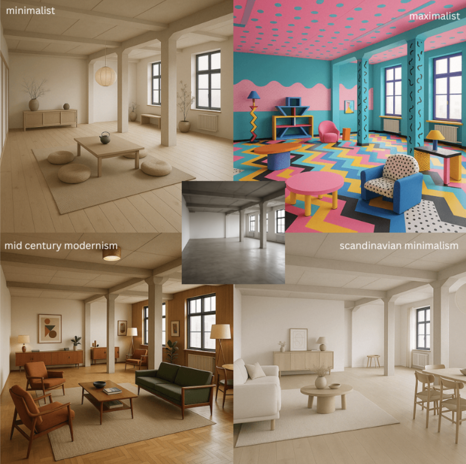 AI interior design--virtual room makeover from dated living room to Scandinavian style