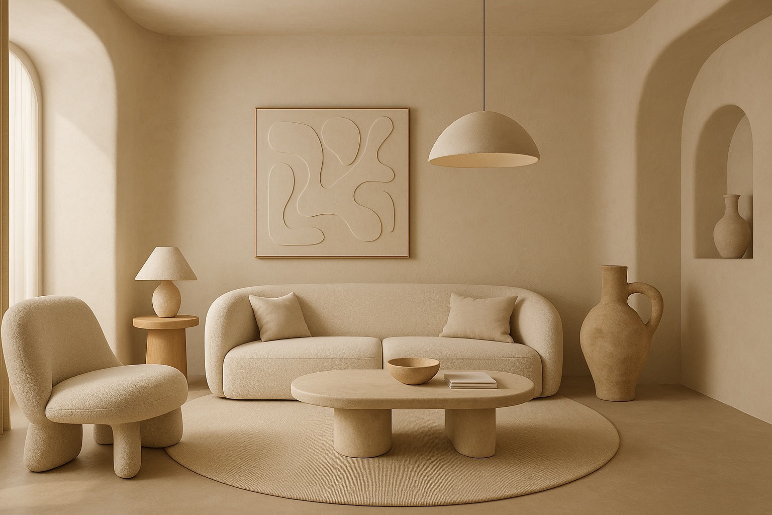 Curved modern furniture with plaster texture and earthy neutral color palette